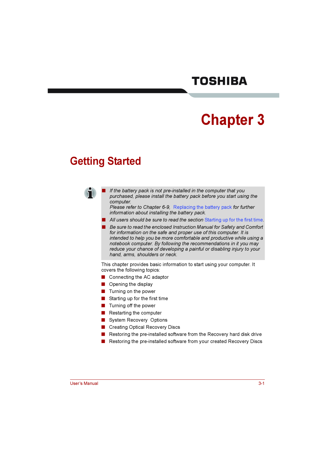 Toshiba toshiba satellite l550/ satellite pro l550/ satellite l550d/ satellite pro l550d series Getting Started, Chapter 