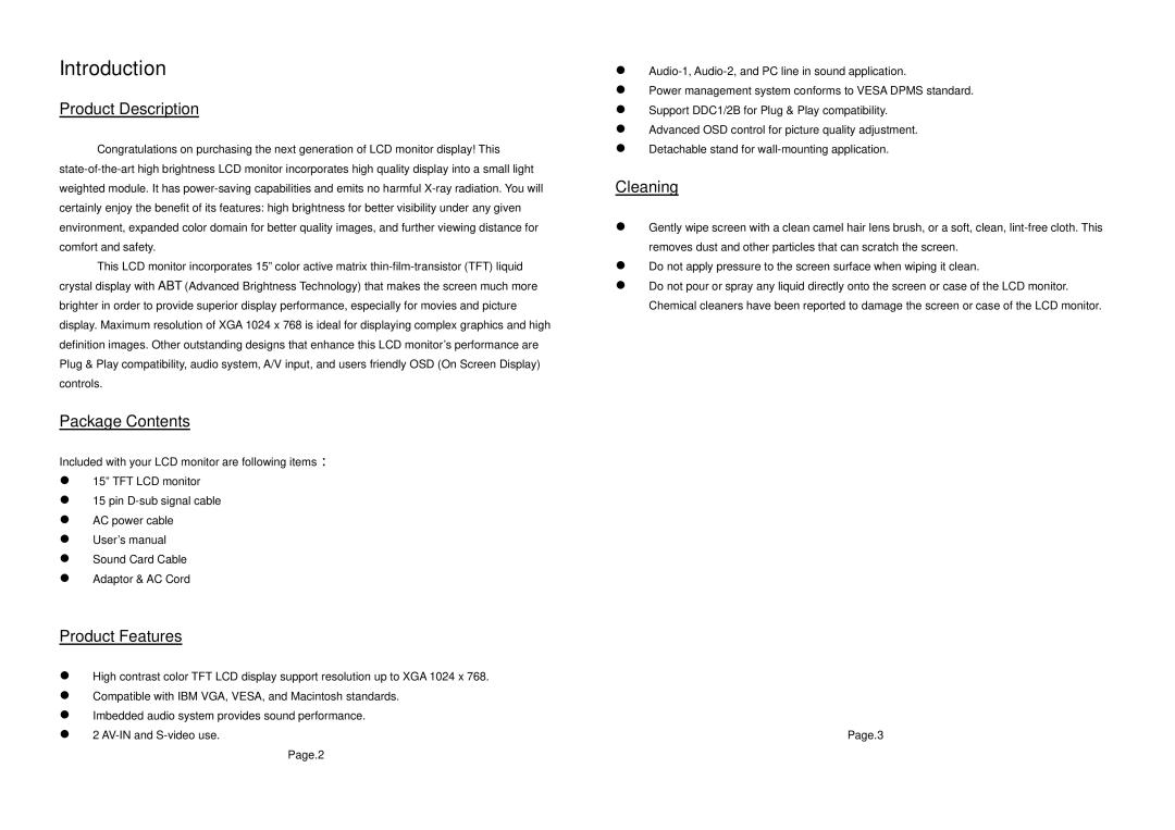 Tote Vision 1513TS, 1513VB user manual Introduction, Product Description, Package Contents, Product Features, Cleaning 