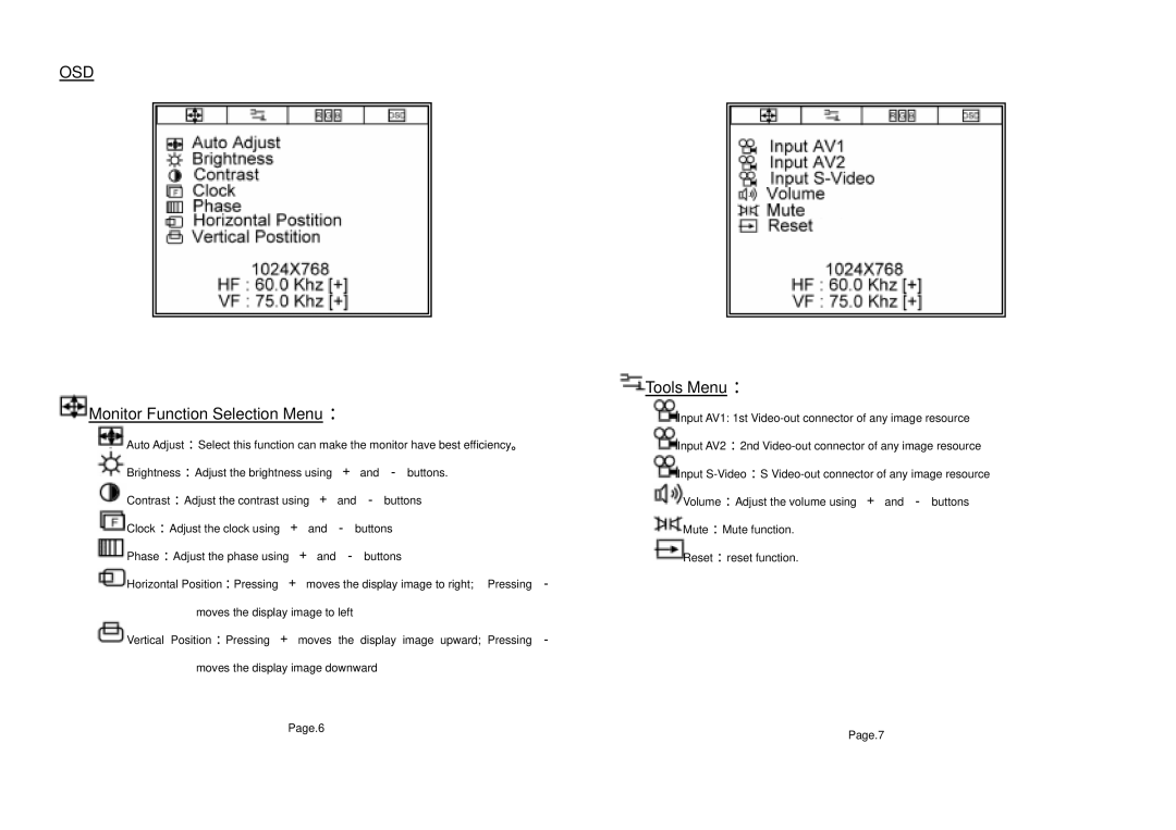 Tote Vision 1513TS, 1513VB user manual Monitor Function Selection Menu, Tools Menu 