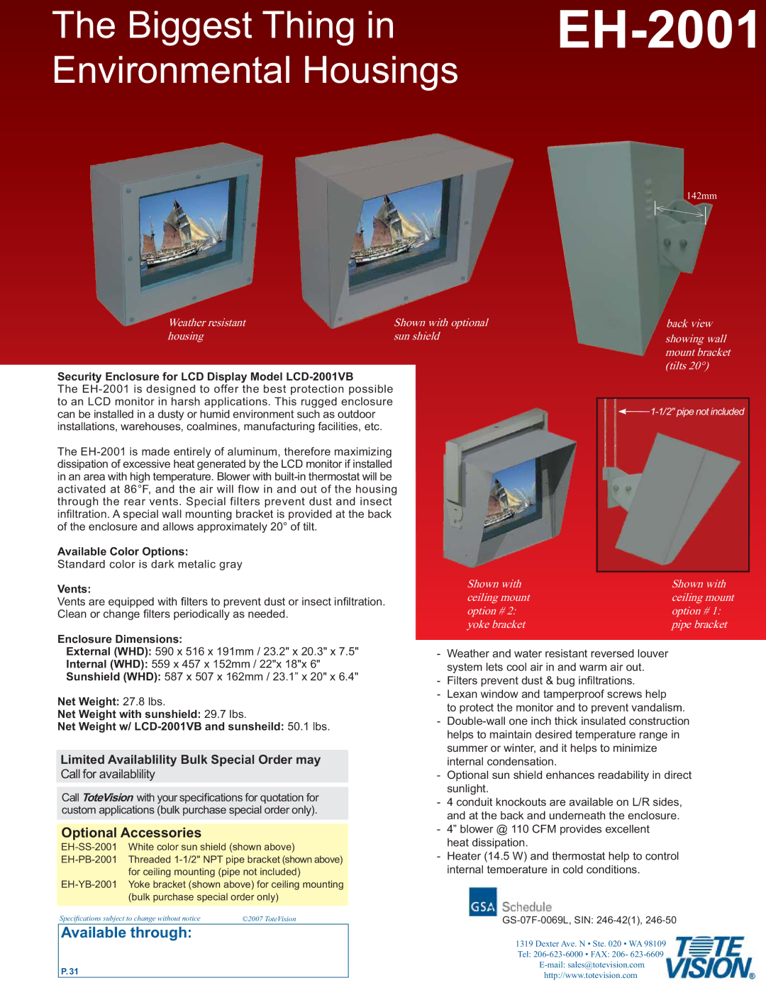 Tote Vision EH-2001 specifications Security Enclosure for LCD Display Model LCD-2001VB, Available Color Options, Vents 