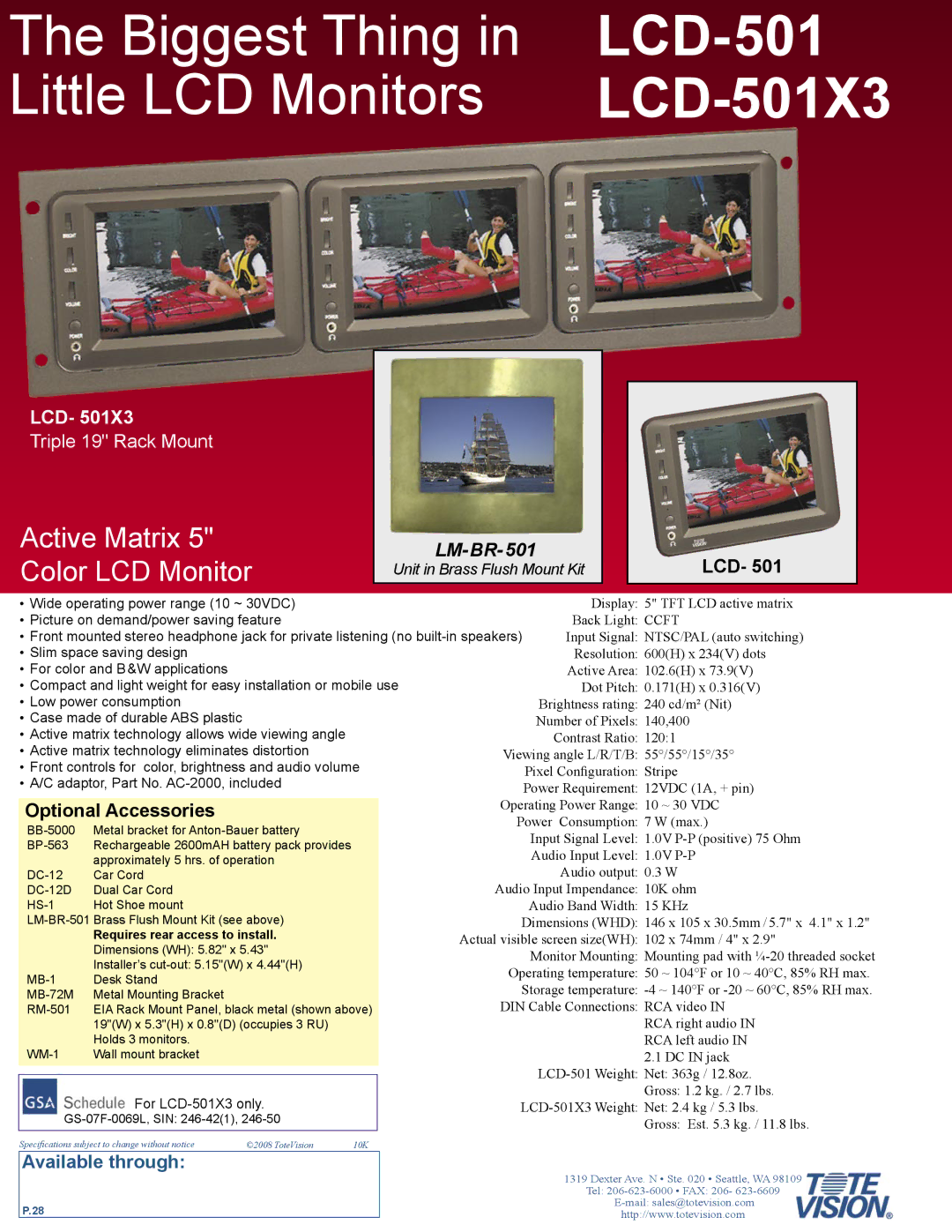 Tote Vision LCD- 501X3 dimensions Lcd, Optional Accessories 