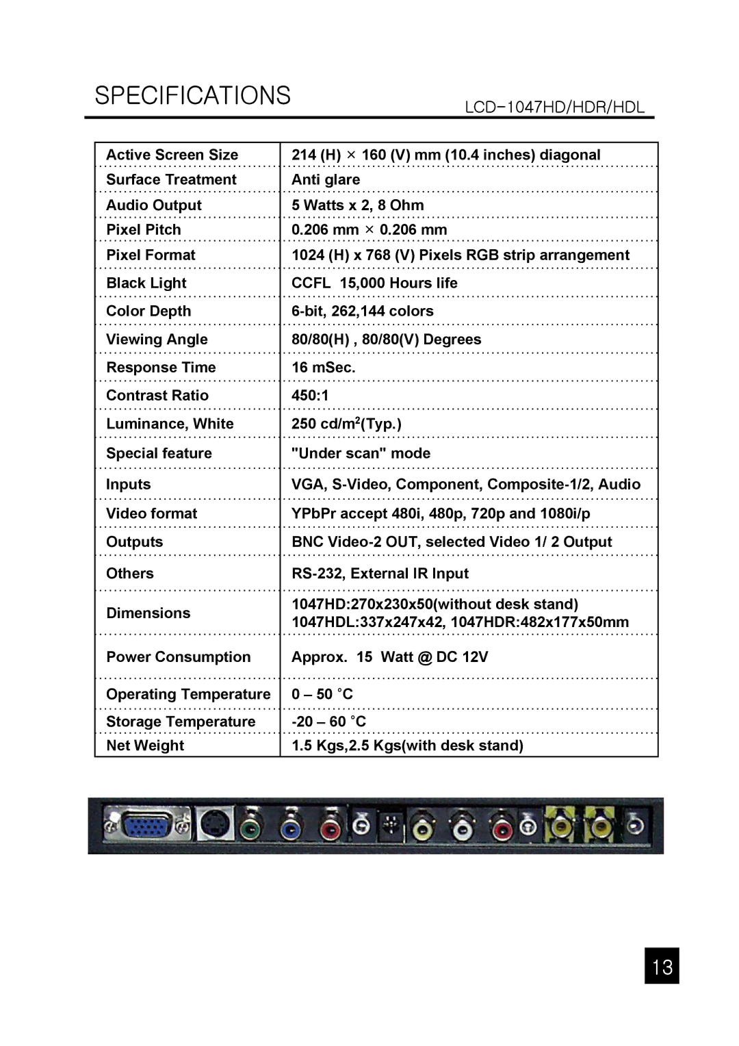 Tote Vision owner manual Specifications, LCD-1047HD/HDR/HDL 