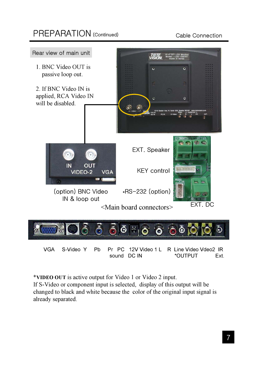 Tote Vision LCD-1047HD owner manual Preparation, Main board connectors 