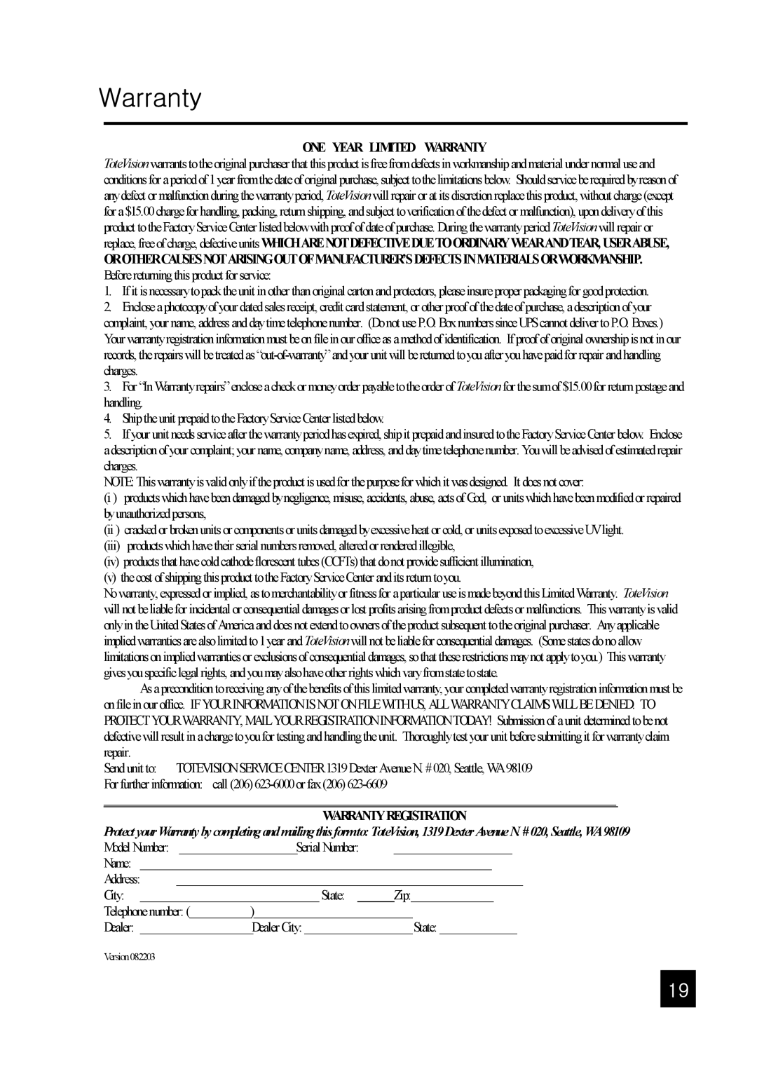 Tote Vision LCD-1047VT, LCD-1047VR/TL operation manual ONE Year Limited Warranty 