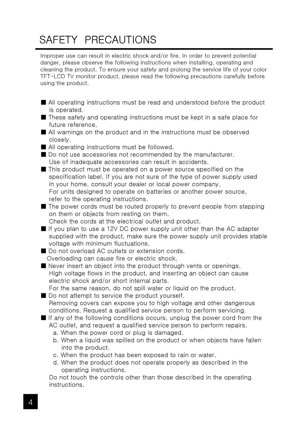 Tote Vision LCD-1047VR/TL, LCD-1047VT operation manual Safety Precautions 