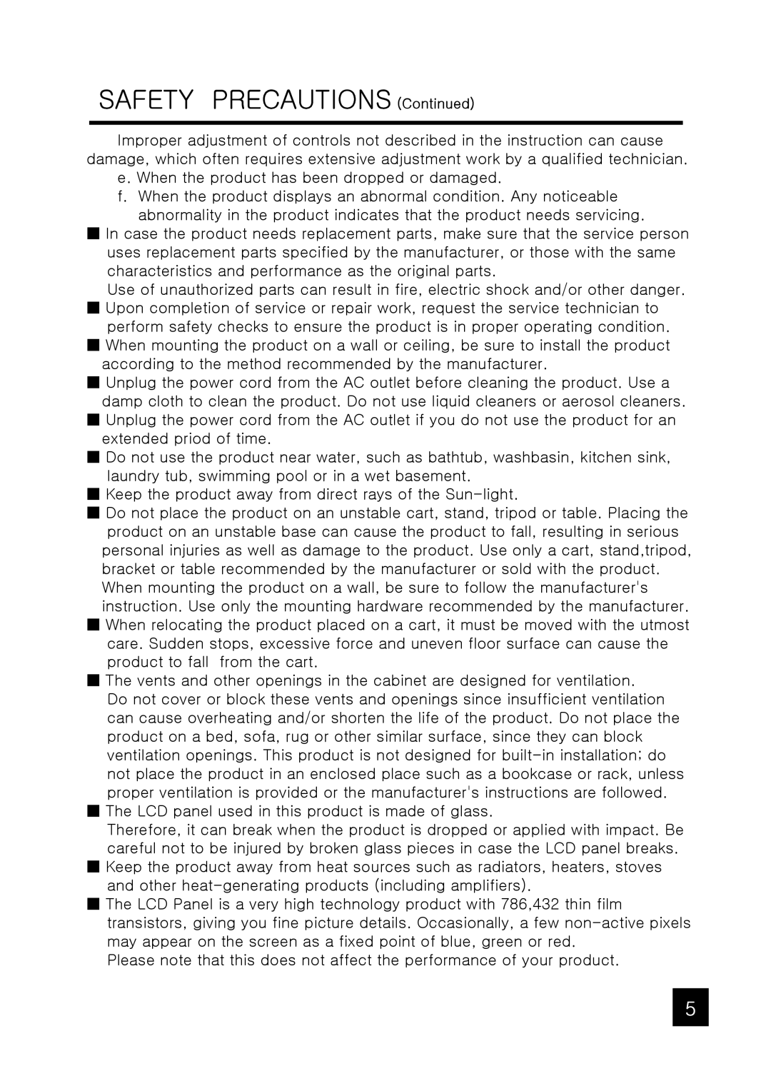 Tote Vision LCD-1047VT, LCD-1047VR/TL operation manual Safety Precautions 