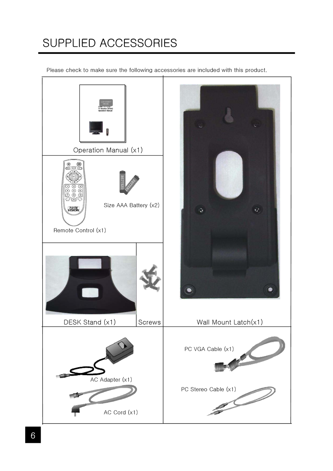 Tote Vision LCD-1047VR/TL, LCD-1047VT operation manual Supplied Accessories 