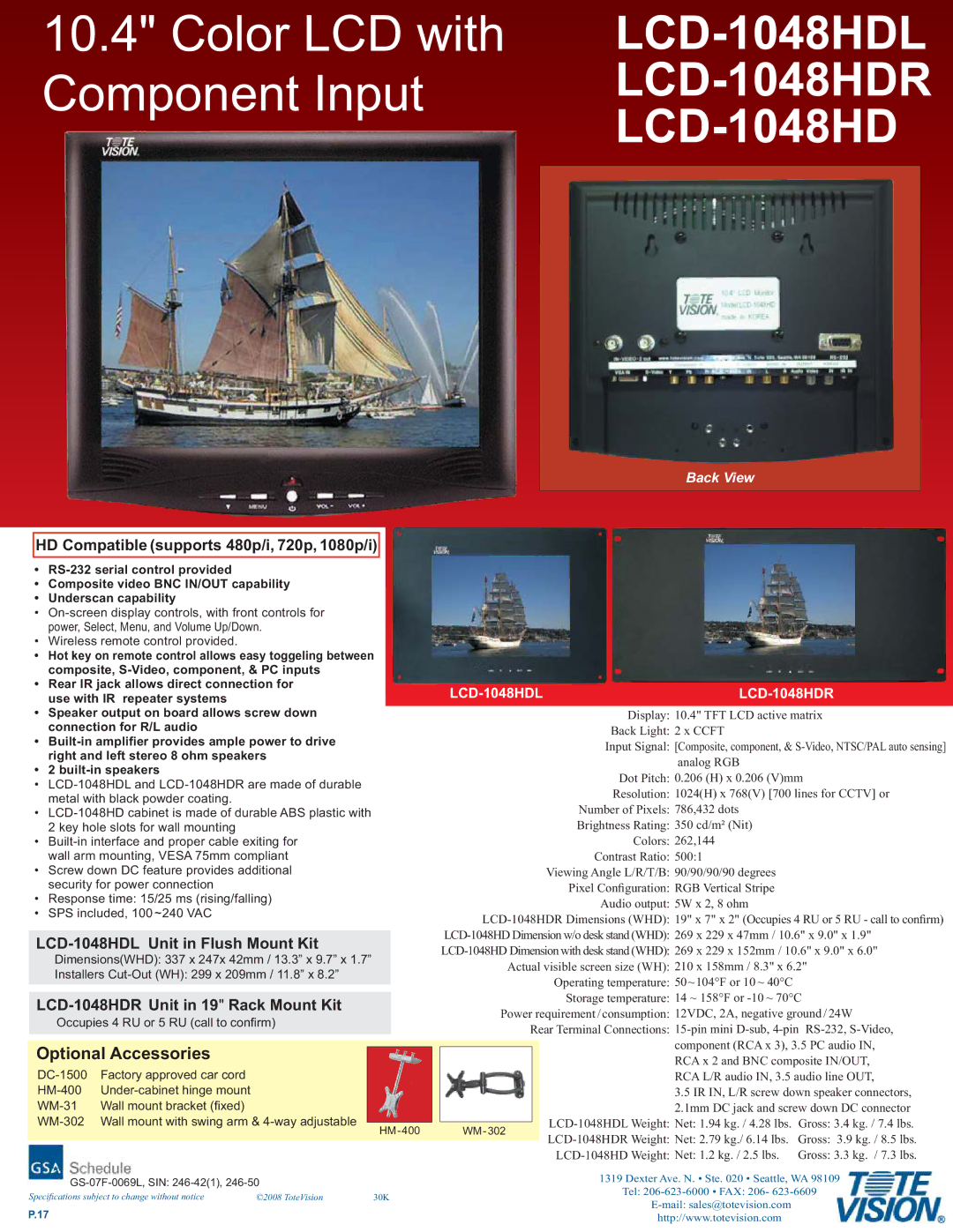 Tote Vision LCD-1048HDR dimensions HD Compatible supports 480p/i, 720p, 1080p/i, LCD-1048HDL Unit in Flush Mount Kit 