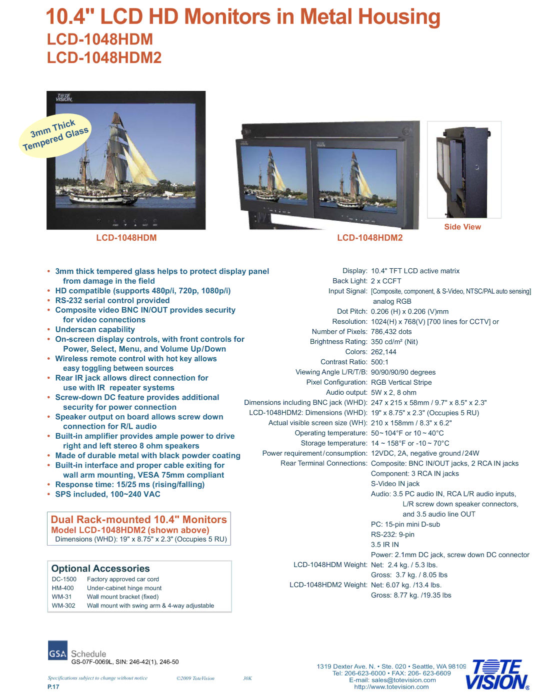 Tote Vision LCD-1048HDM2 dimensions LCD HD Monitors in Metal Housing, Dual Rack-mounted 10.4 Monitors 