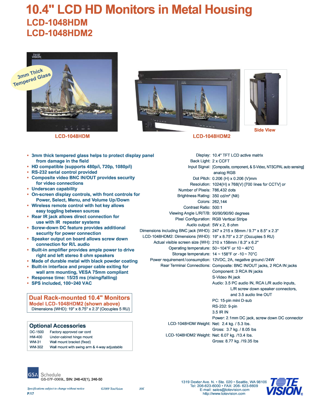Tote Vision dimensions LCD HD Monitors in Metal Housing, LCD-1048HDM LCD-1048HDM2, Dual Rack-mounted 10.4 Monitors 