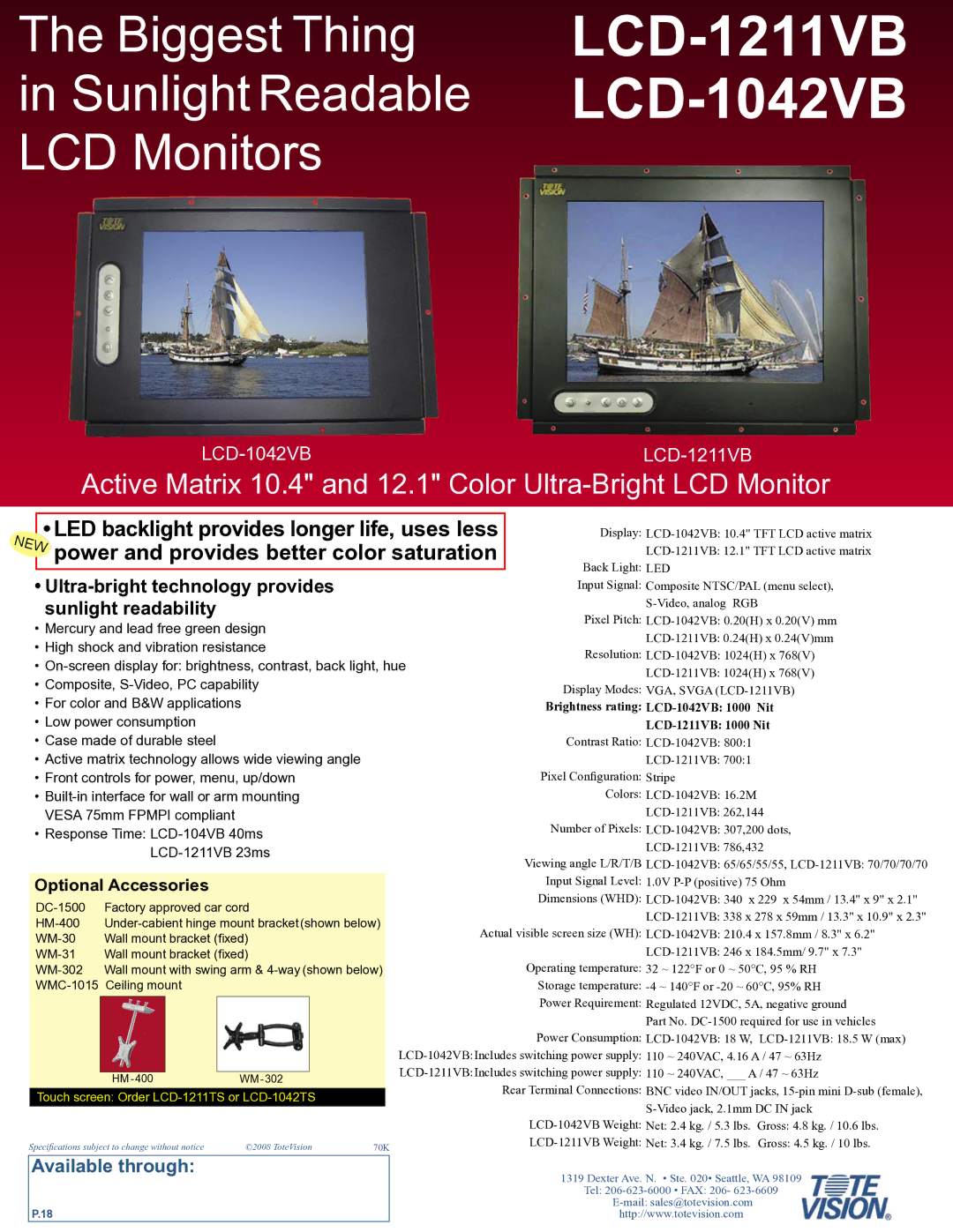 Tote Vision LCD-1042TS dimensions LCD-1211VB LCD-1042VB, Active Matrix 10.4 and 12.1 Color Ultra-Bright LCD Monitor 