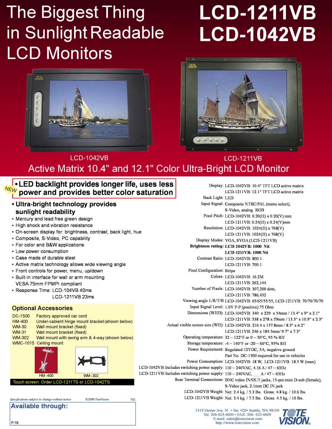 Tote Vision LCD-1042TS, LCD-1211TS dimensions LCD-1211VB LCD-1042VB, The Biggest Thing in Sunlight Readable LCD Monitors 