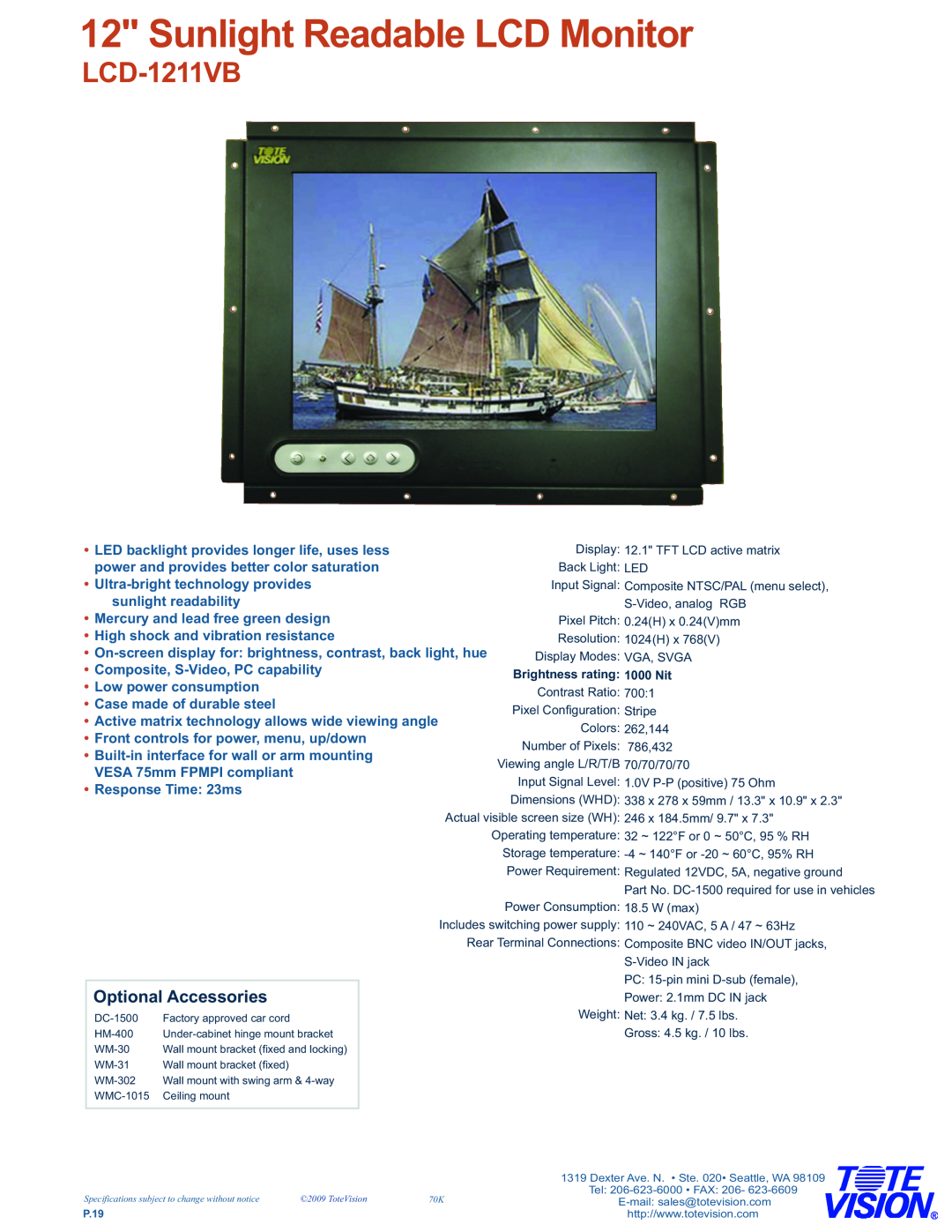 Tote Vision LCD-1211VB dimensions Sunlight Readable LCD Monitor, Optional Accessories 