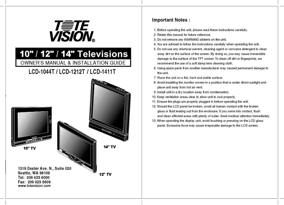 Tote Vision LCD-1212T manual 