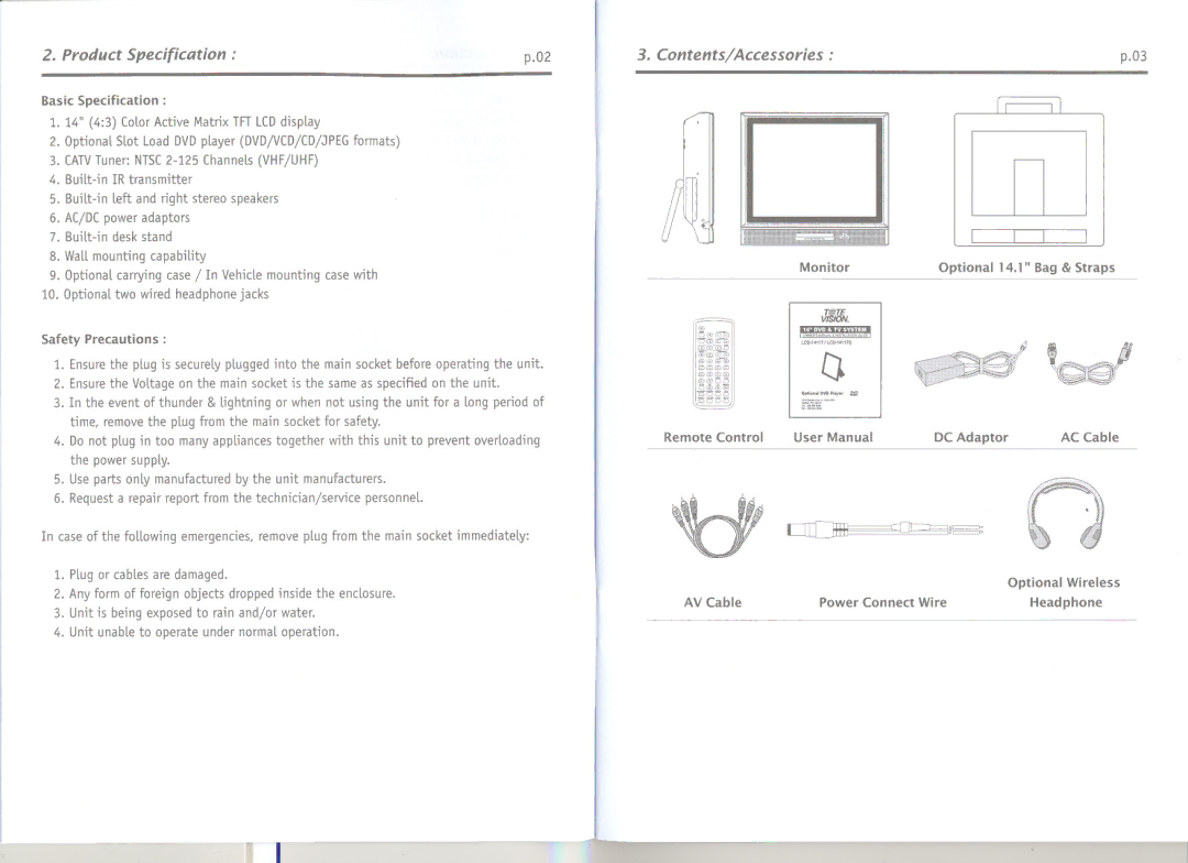 Tote Vision LCD-1411TD owner manual Contents/Accessories 