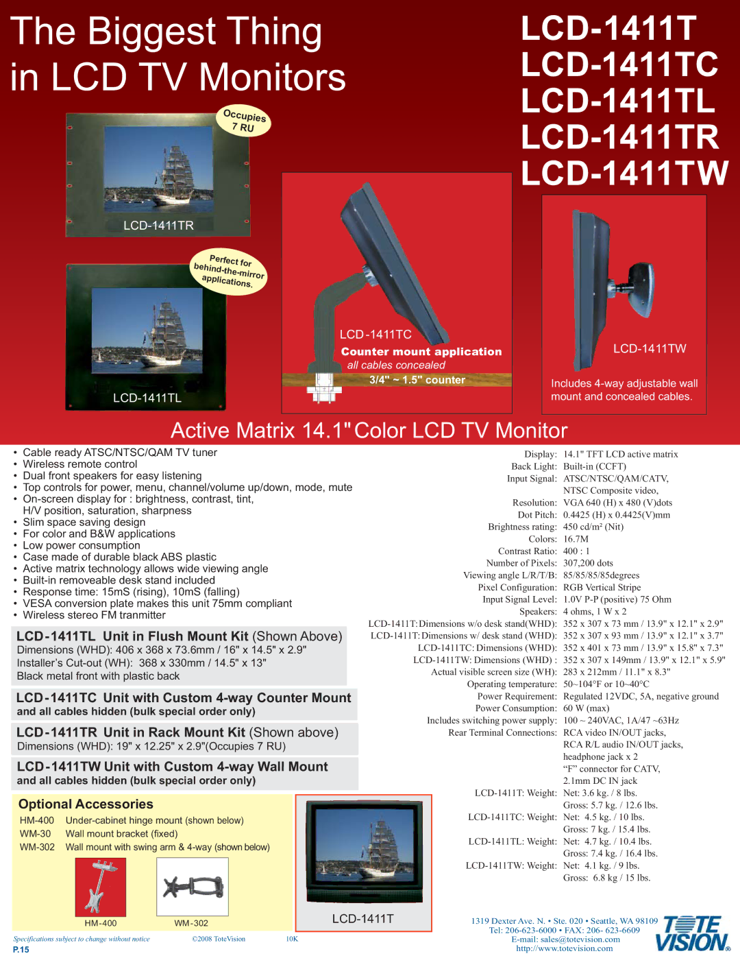 Tote Vision LCD-1411TC, LCD-1411TW dimensions LCD-1411TL Unit in Flush Mount Kit Shown Above, Optional Accessories 