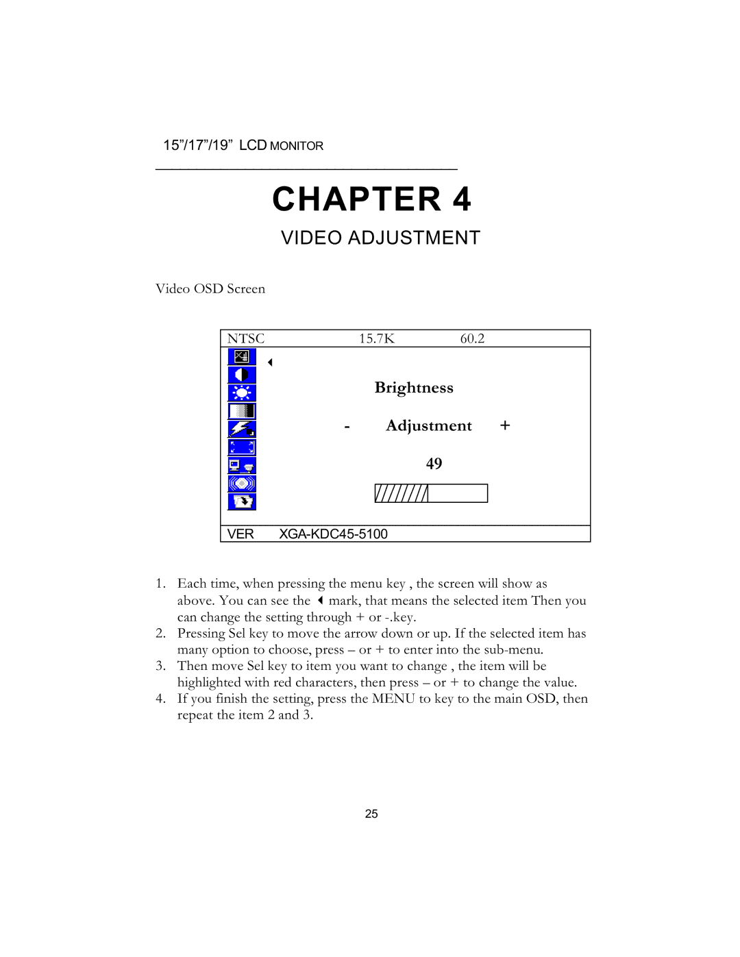 Tote Vision LCD-1510V manual Video Adjustment 