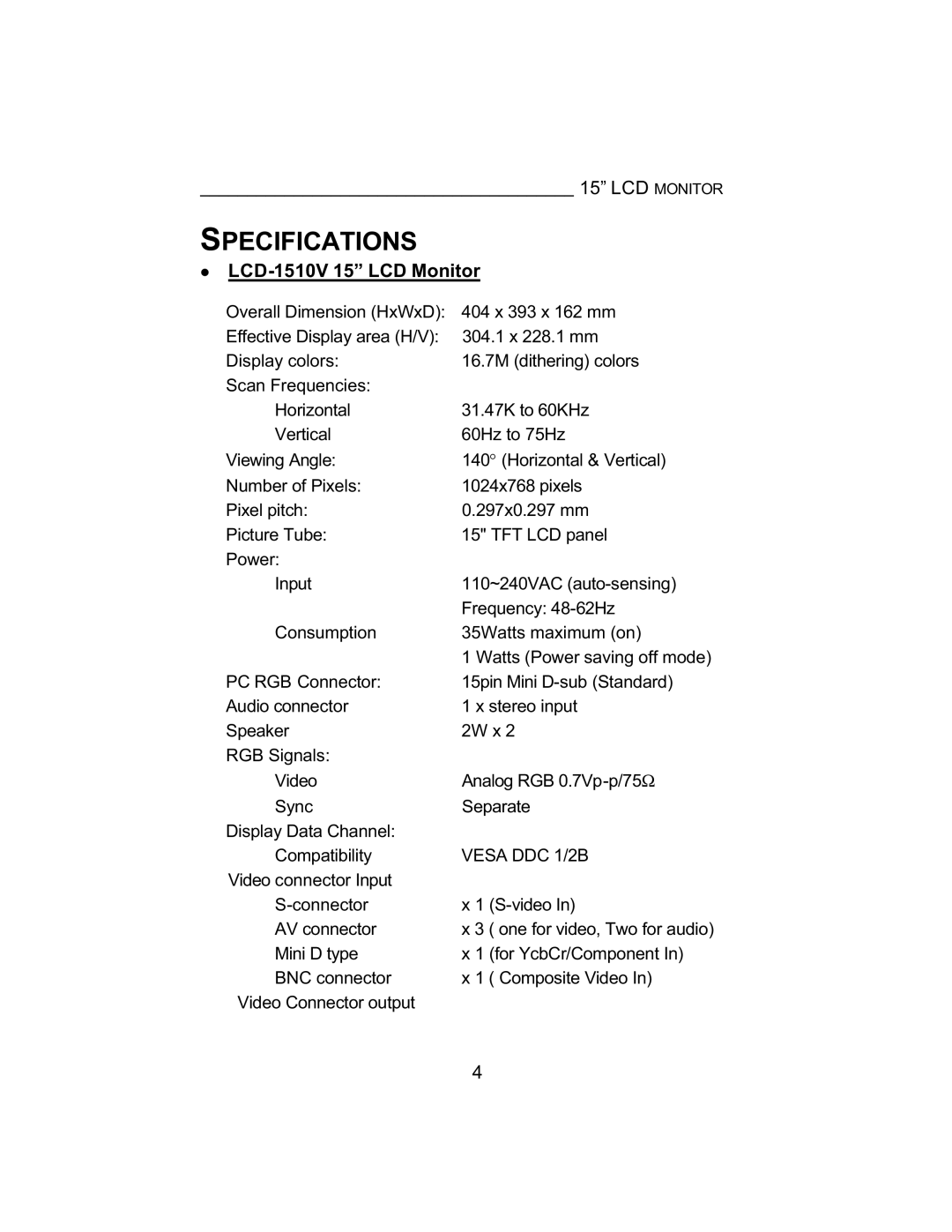 Tote Vision LCD-1510V manual Specifications 