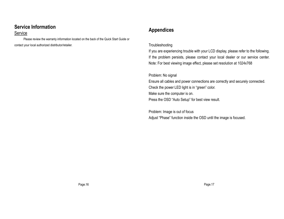 Tote Vision LCD-1513TS 15.1, LCD-1513VB 15.1 user manual Service Information, Appendices 