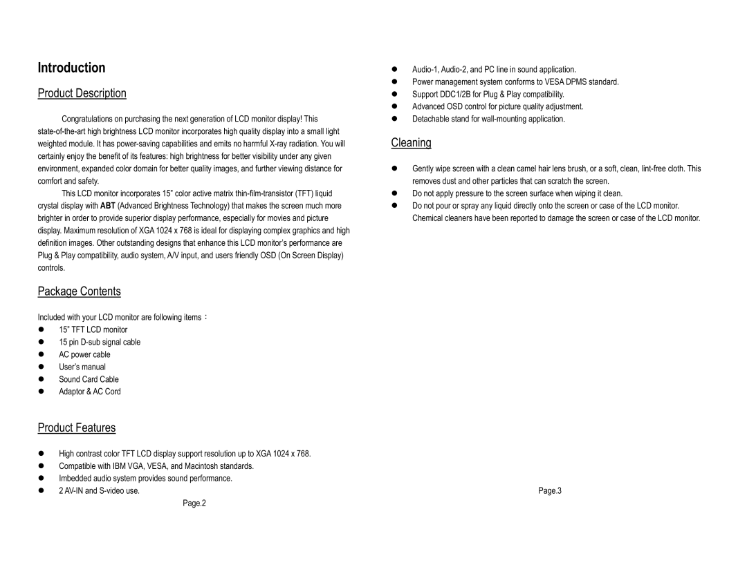 Tote Vision LCD-1513VB 15.1 user manual Introduction, Product Description, Package Contents, Product Features, Cleaning 