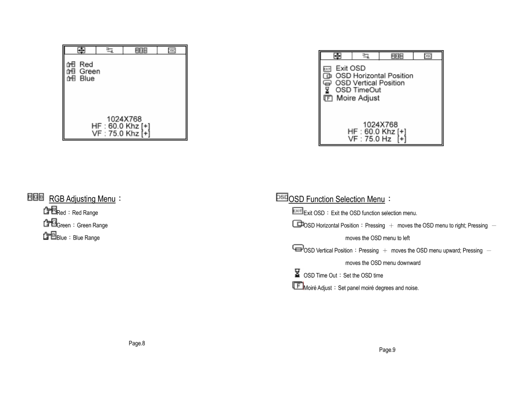 Tote Vision LCD-1513TS 15.1, LCD-1513VB 15.1 user manual RGB Adjusting Menu, OSD Function Selection Menu 