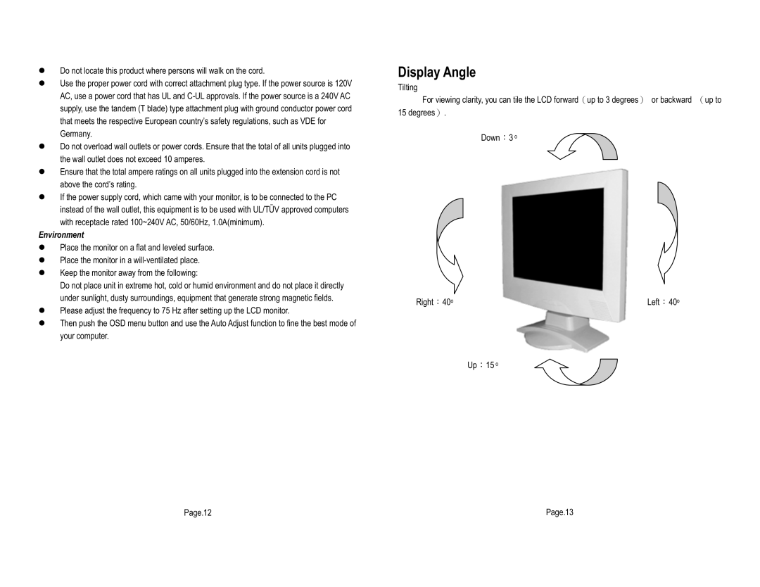 Tote Vision LCD-1513TS 15.1, LCD-1513VB 15.1 user manual Display Angle, Environment 