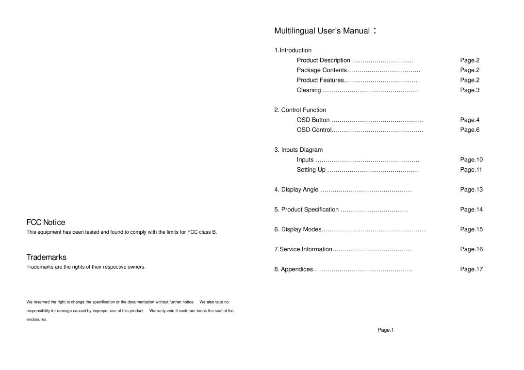 Tote Vision LCD-1513VB, LCD-1513TS user manual Multilingual User’s Manual 