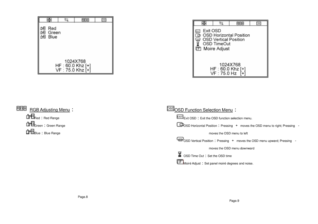 Tote Vision LCD-1513VB, LCD-1513TS user manual RGB Adjusting Menu, OSD Function Selection Menu 