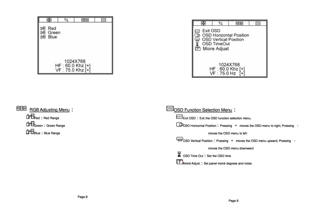 Tote Vision LCD-1513VB, LCD-1513TS user manual RGB Adjusting Menu, OSD Function Selection Menu 