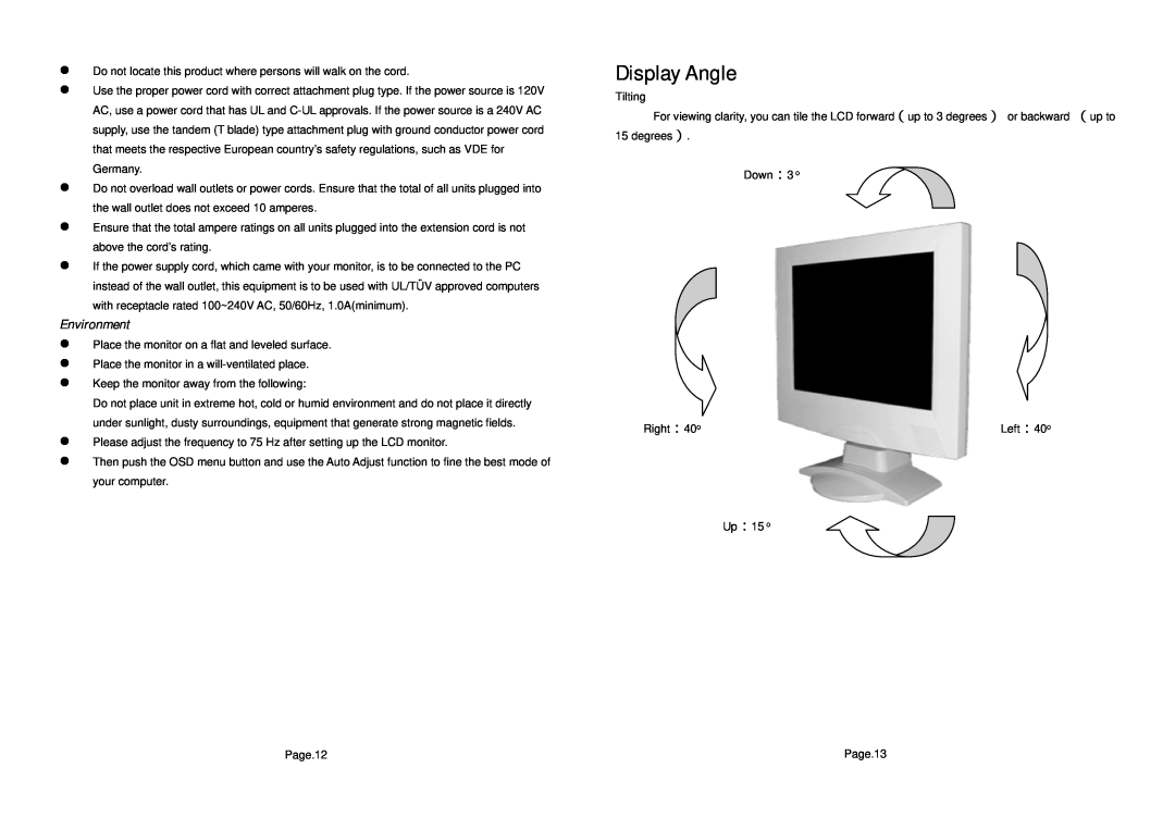 Tote Vision LCD-1513VB, LCD-1513TS user manual Display Angle, Environment 