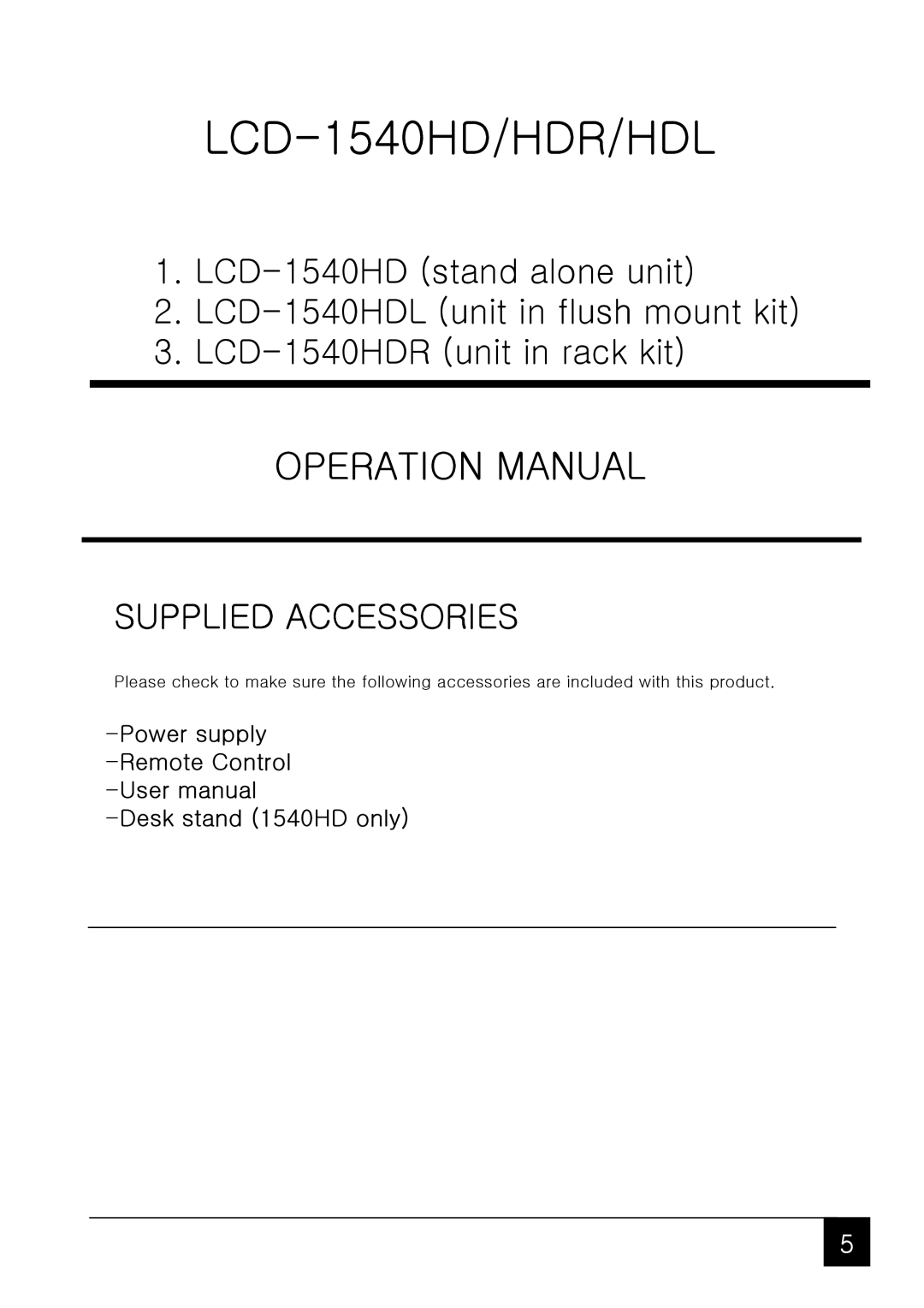 Tote Vision owner manual LCD-1540HD/HDR/HDL, Supplied Accessories 