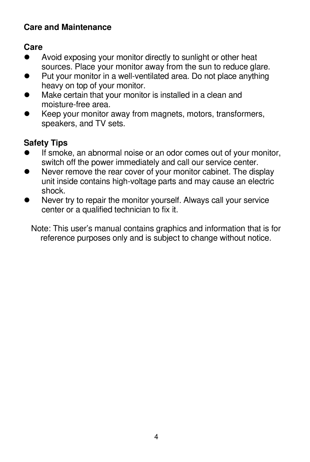 Tote Vision LCD-1700VR manual Care and Maintenance, Safety Tips 