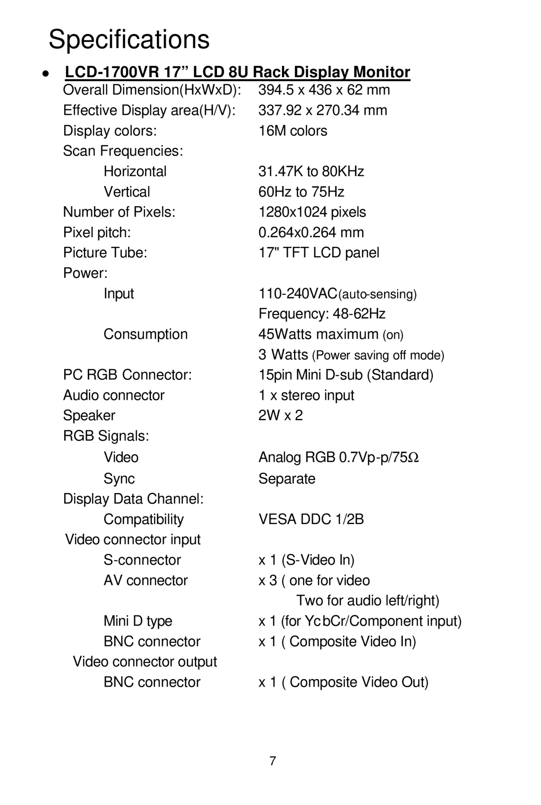 Tote Vision LCD-1700VR manual Specifications 