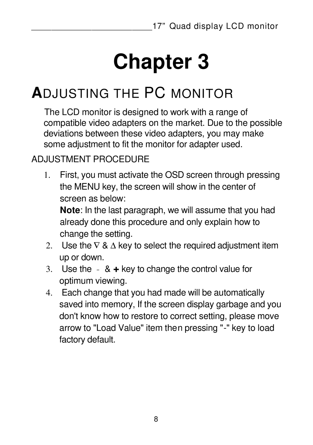 Tote Vision LCD-1700VRQ manual Adjusting the PC Monitor, Adjustment Procedure 