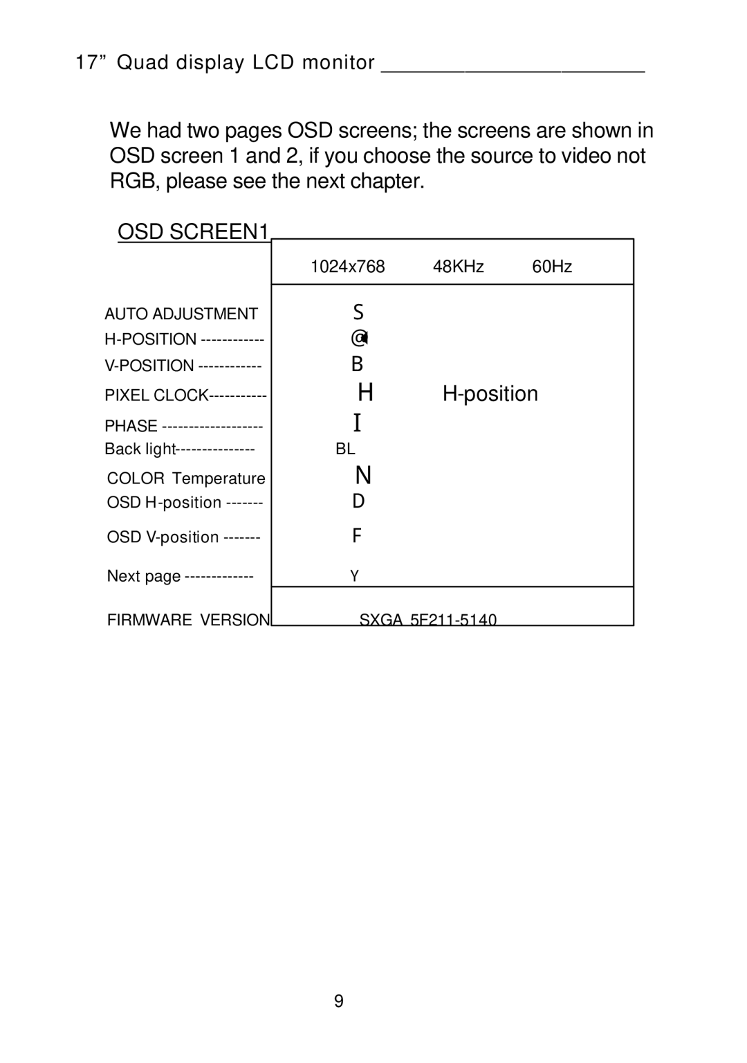 Tote Vision LCD-1700VRQ manual OSD SCREEN1, Auto Adjustment H-POSITION 