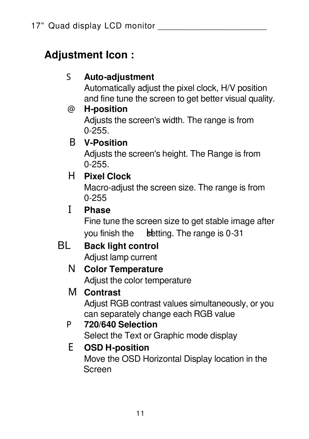 Tote Vision LCD-1700VRQ manual Adjustment Icon 