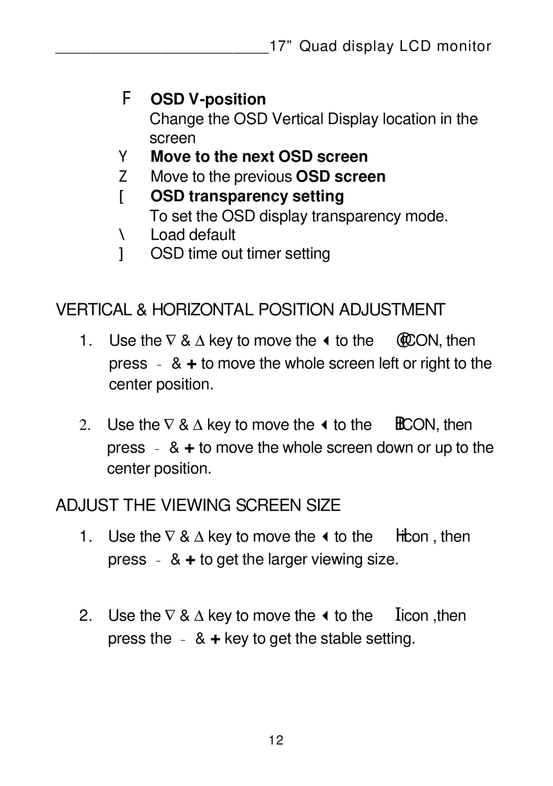 Tote Vision LCD-1700VRQ manual Vertical & Horizontal Position Adjustment 