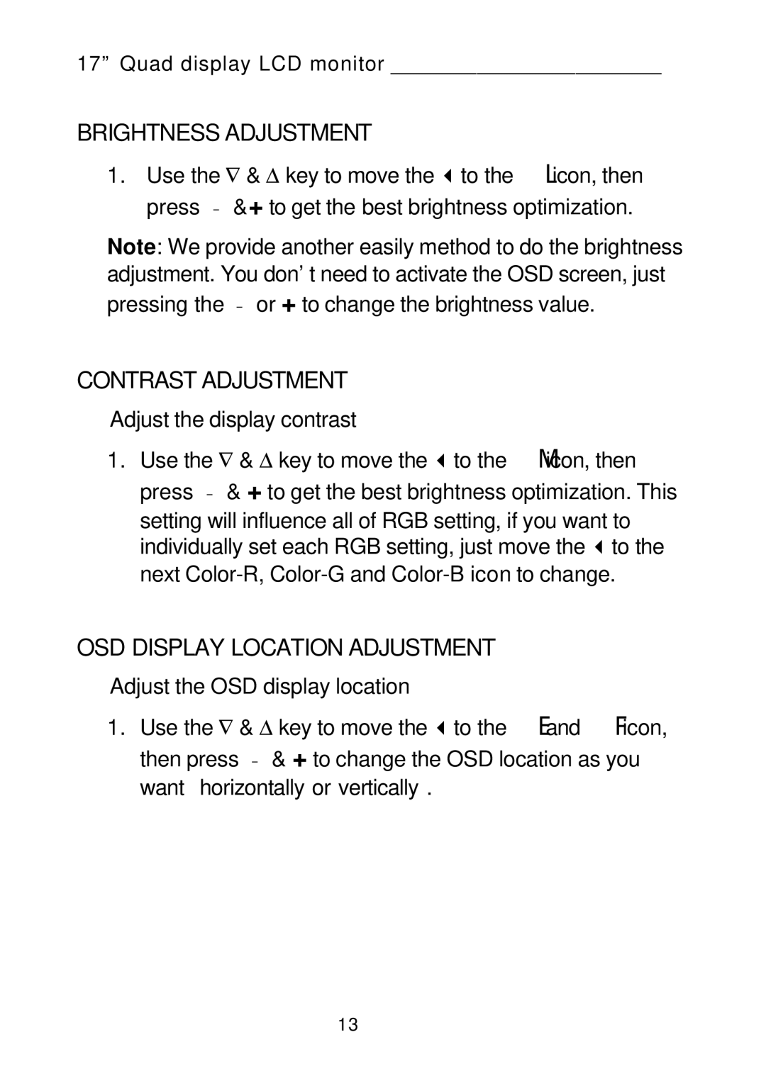 Tote Vision LCD-1700VRQ manual Brightness Adjustment 