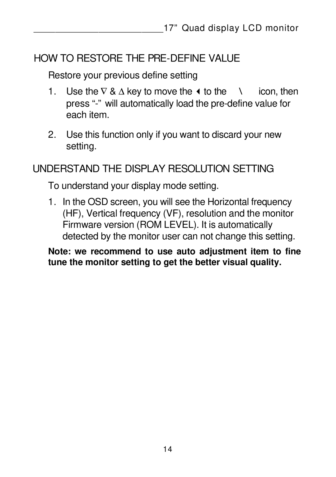 Tote Vision LCD-1700VRQ manual Understand the Display Resolution Setting 