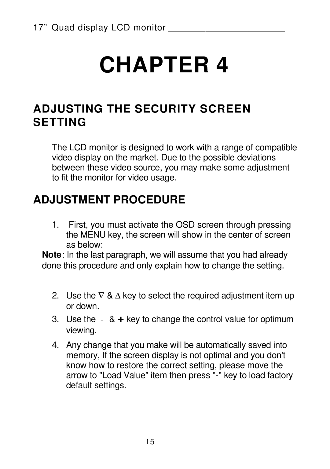 Tote Vision LCD-1700VRQ manual Adjusting the Security Screen Setting, Adjustment Procedure 