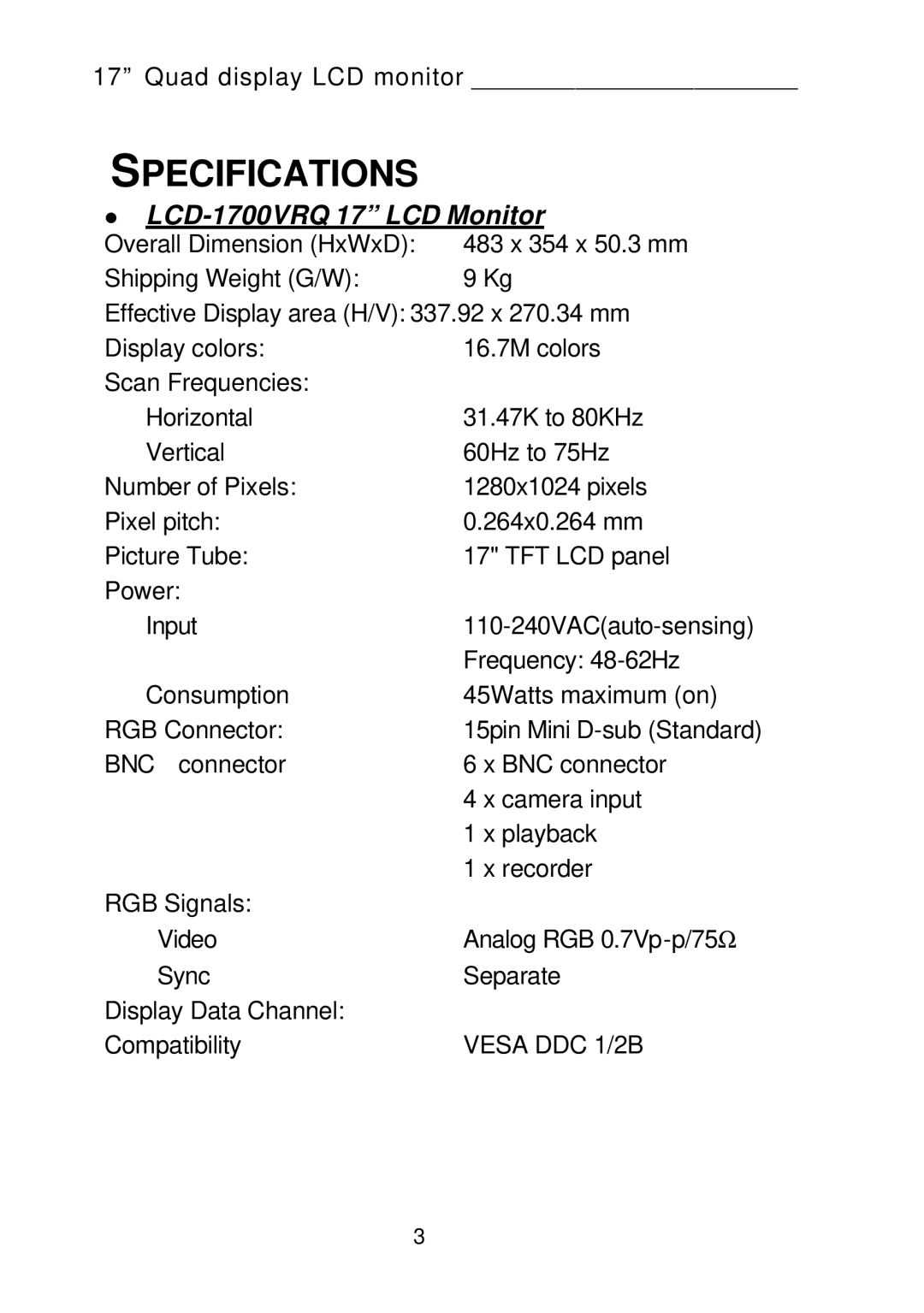 Tote Vision LCD-1700VRQ manual Specifications, Vesa DDC 1/2B 