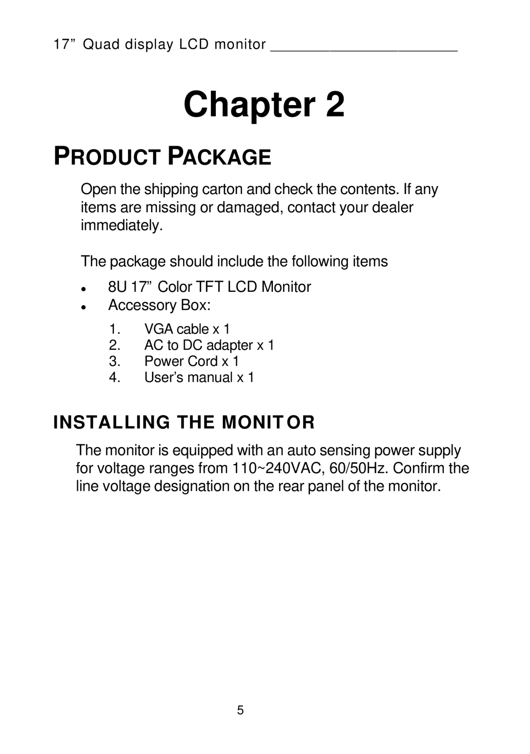 Tote Vision LCD-1700VRQ manual Product Package, Installing the Monit or 