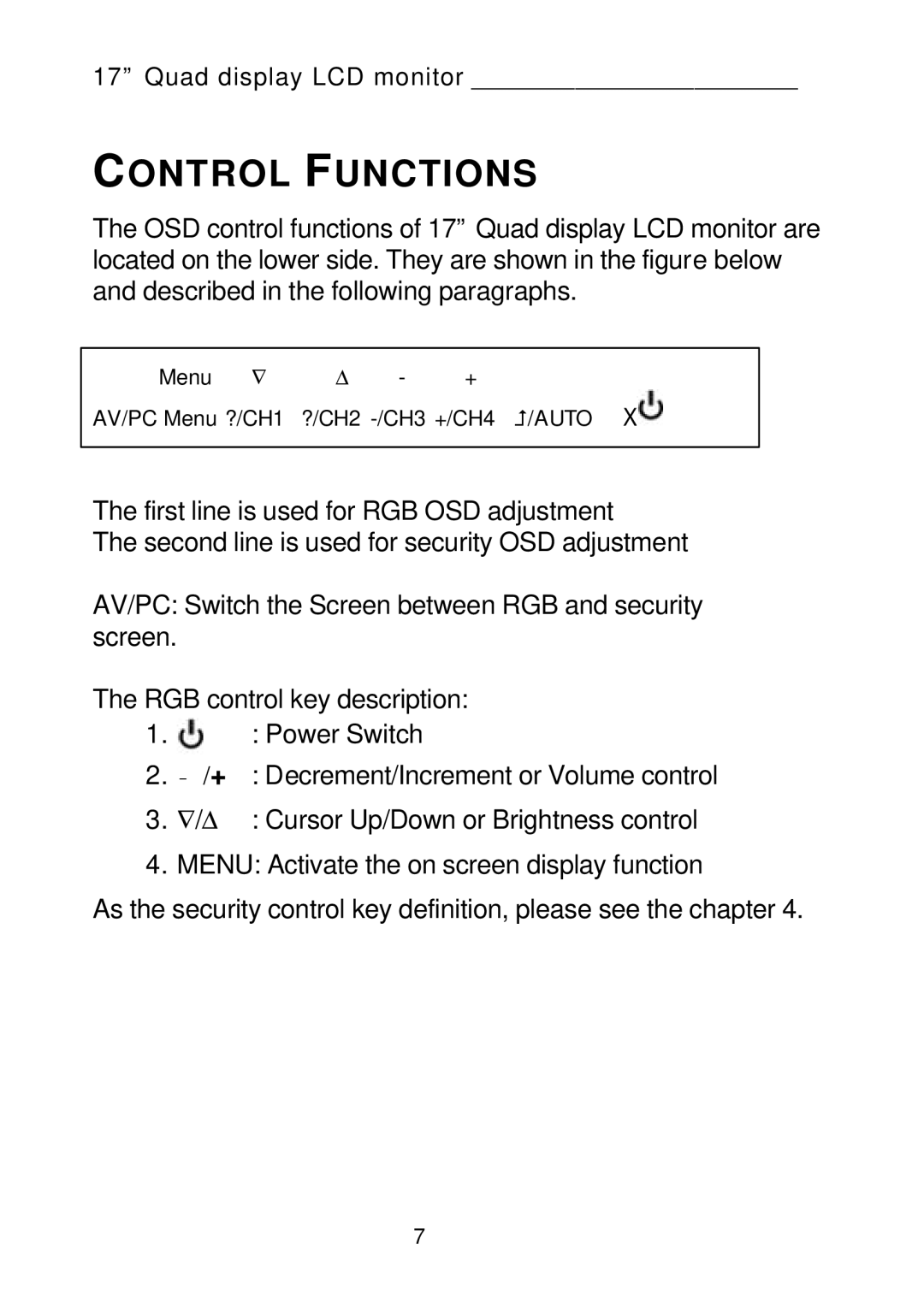 Tote Vision LCD-1700VRQ manual Control Functions 