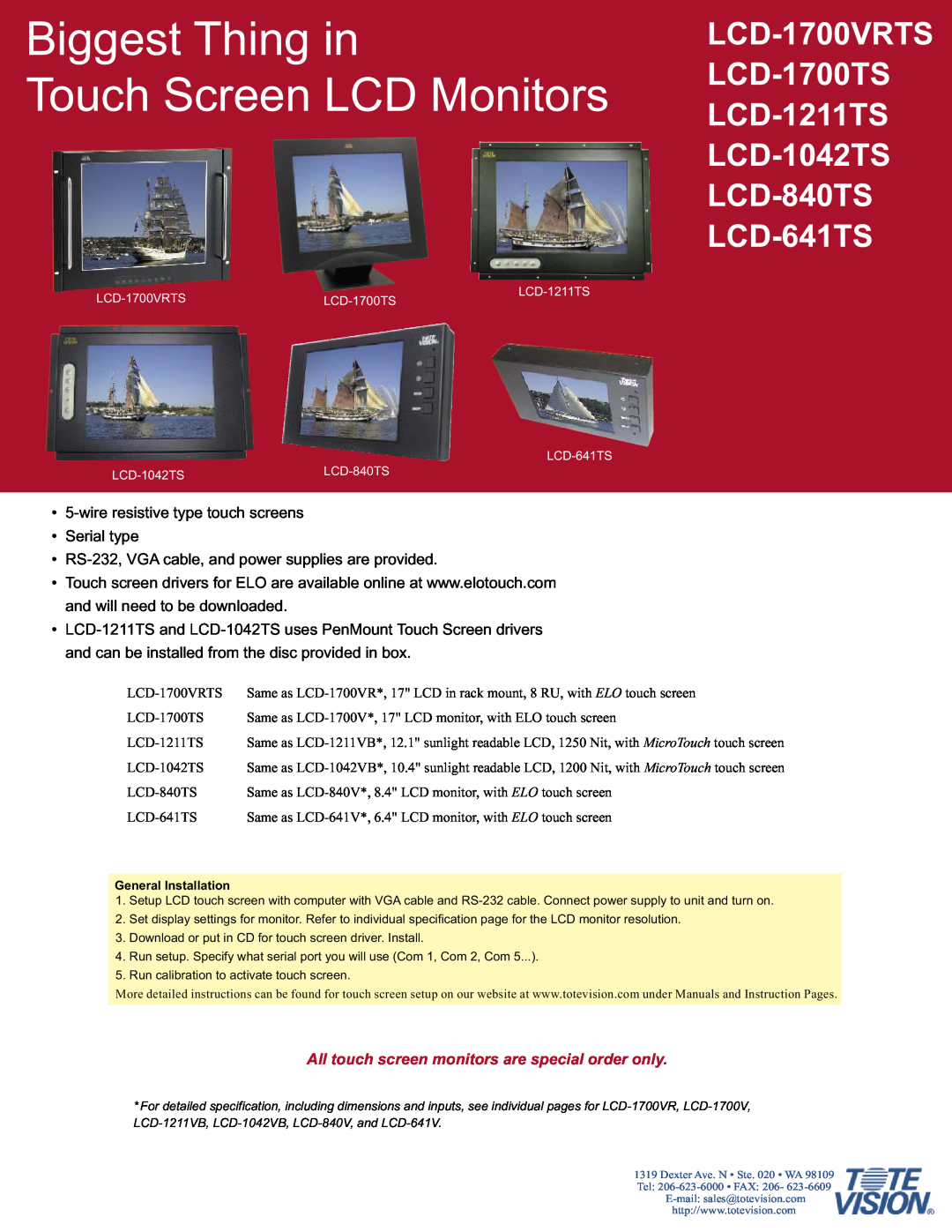 Tote Vision LCD-1700TS, LCD-1700VRTS, LCD-840TS, LCD-641TS dimensions Biggest Thing in Touch Screen LCD Monitors 