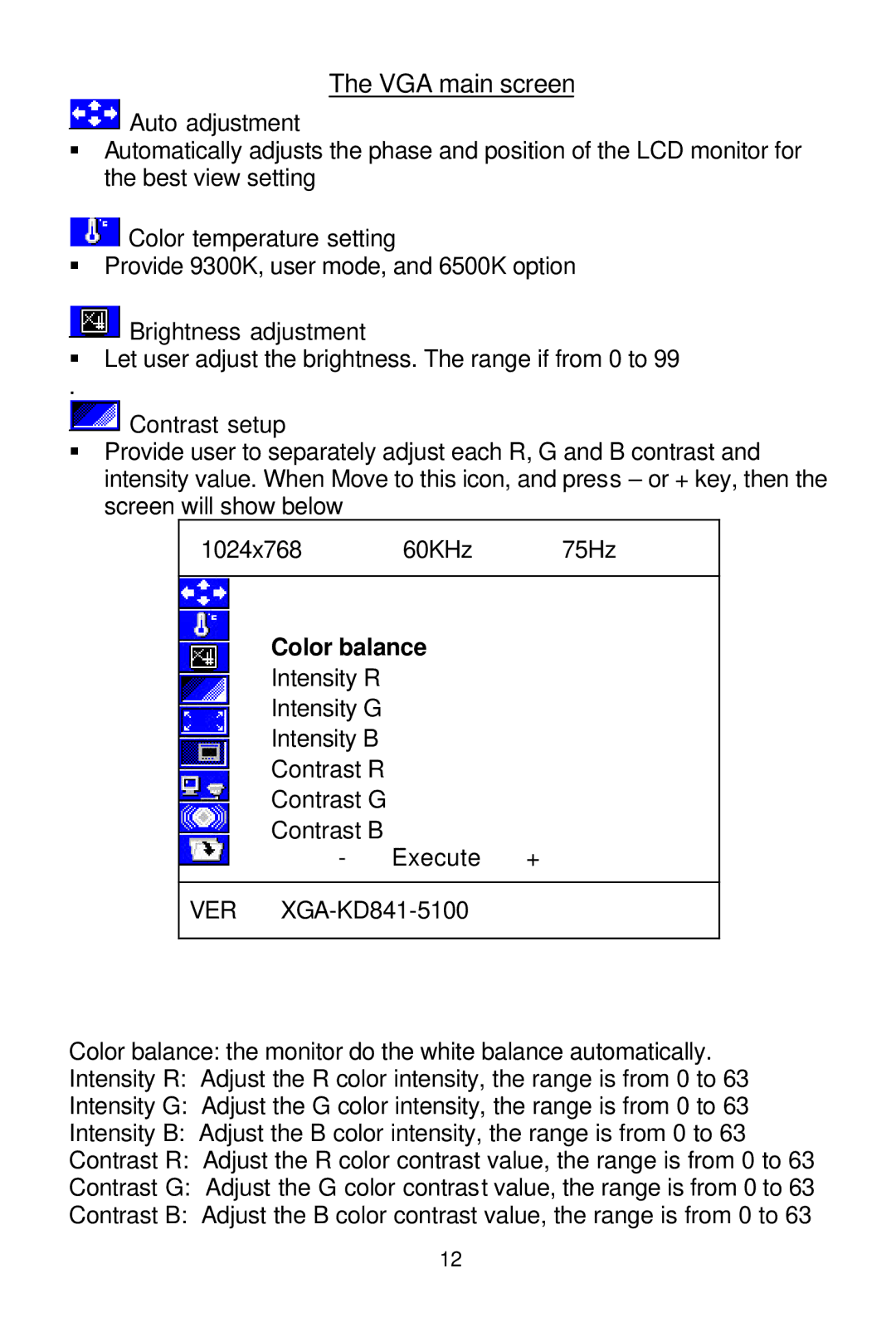 Tote Vision LCD-1700VRZ manual VGA main screen 