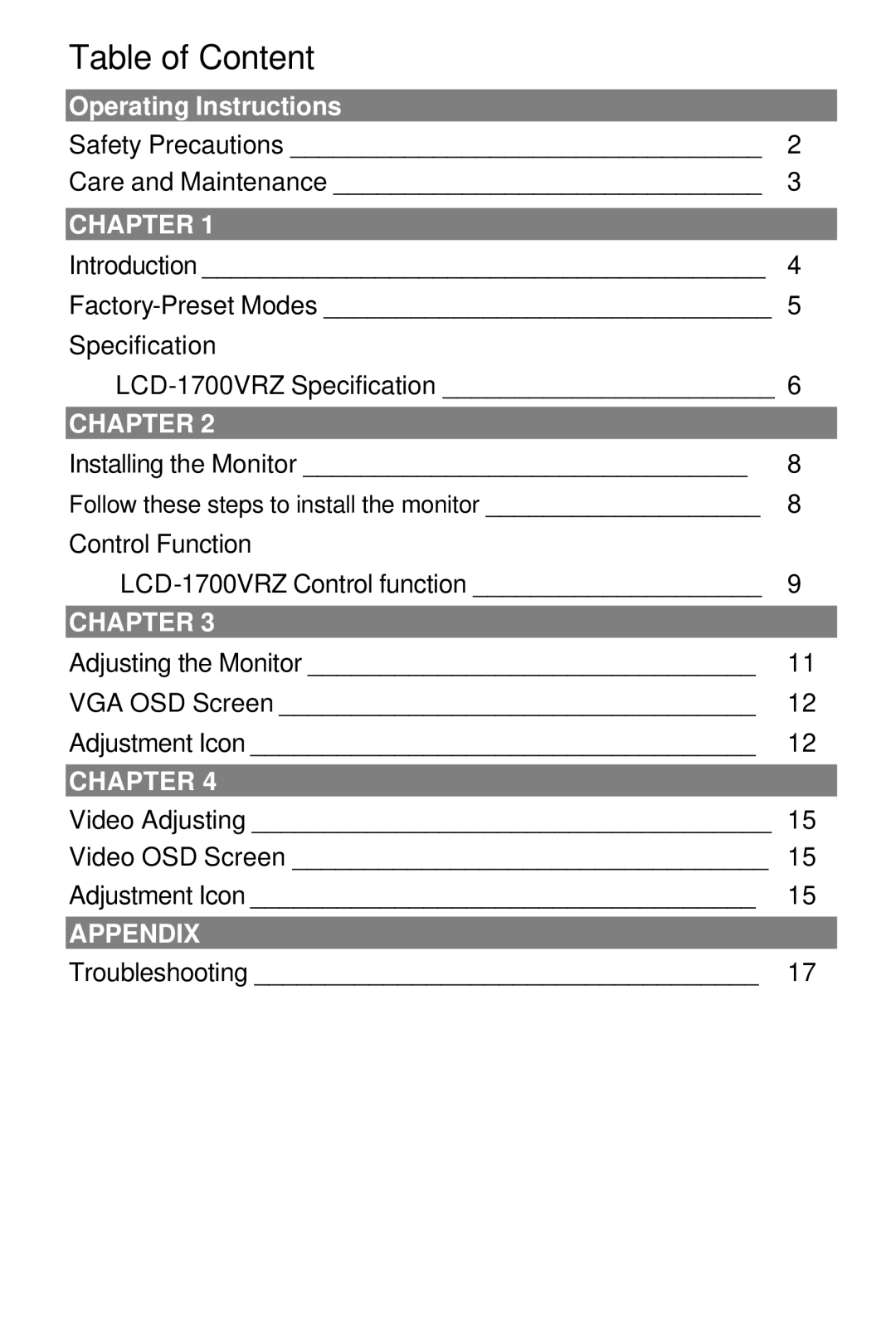 Tote Vision LCD-1700VRZ manual Table of Content 