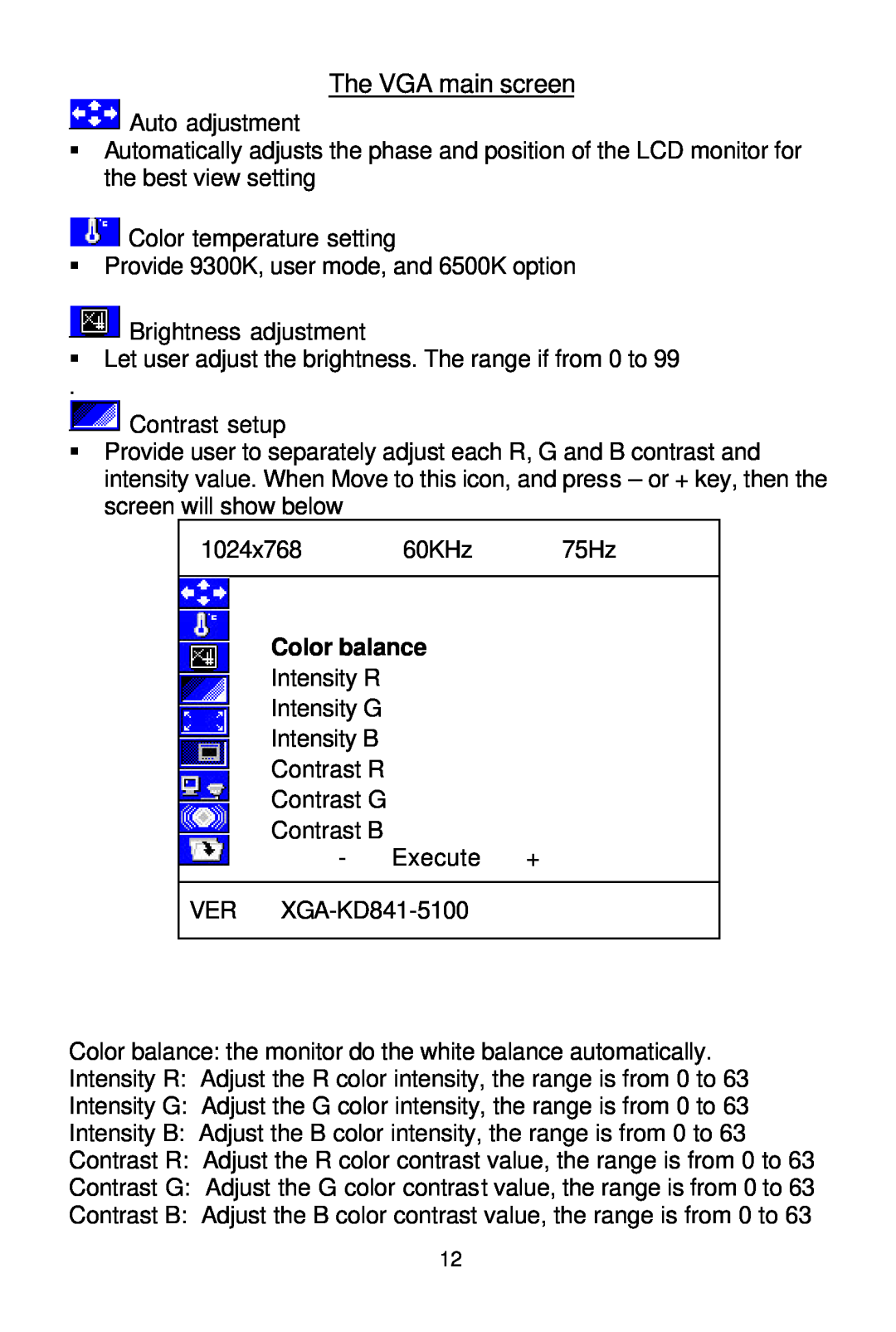 Tote Vision LCD-1700VRZ manual The VGA main screen, Color balance 