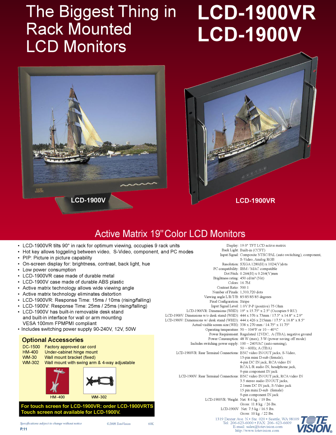 Tote Vision dimensions LCD-1900VR LCD-1900V, Active Matrix 19Color LCD Monitors 