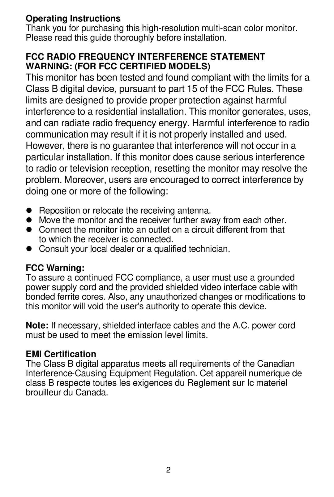 Tote Vision LCD-1900VR manual Operating Instructions, FCC Warning, EMI Certification 