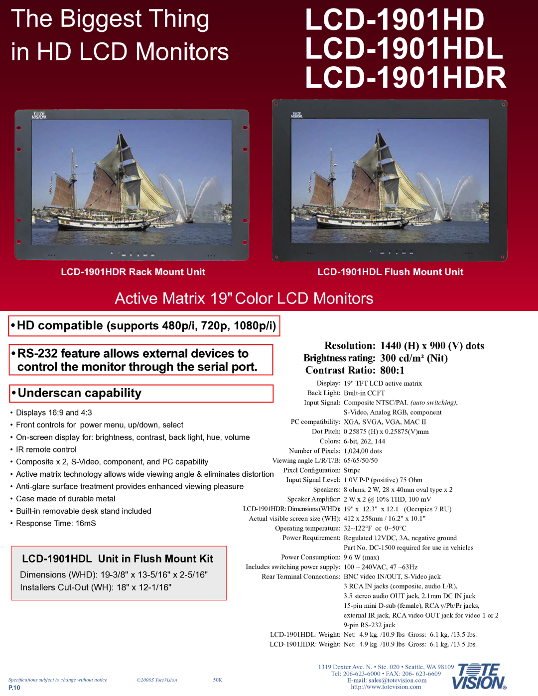 Tote Vision dimensions LCD-1901HD LCD-1901HDL LCD-1901HDR, Active Matrix 19 Color LCD Monitors, Underscan capability 